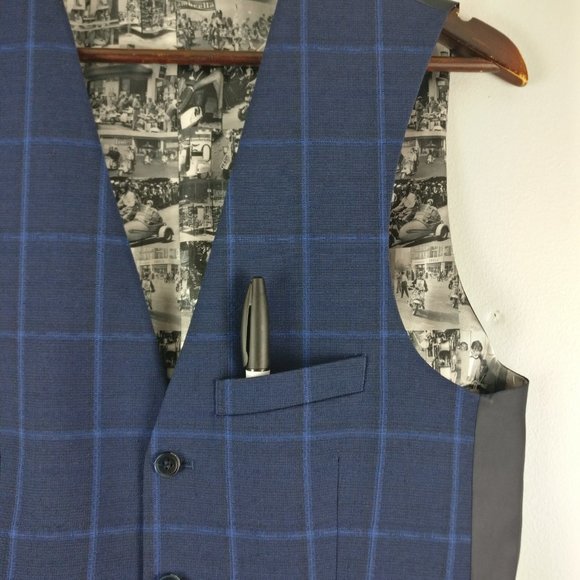 Dress Vest, Blue/Black Checkered Vest, Formal Shirt Vest 36R - Picture 4 of 14